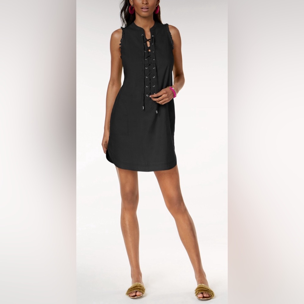 Trina Turk Linen Blend Lace-Up Neck Mini Black Tank Dress Size M Stretch Coastal
